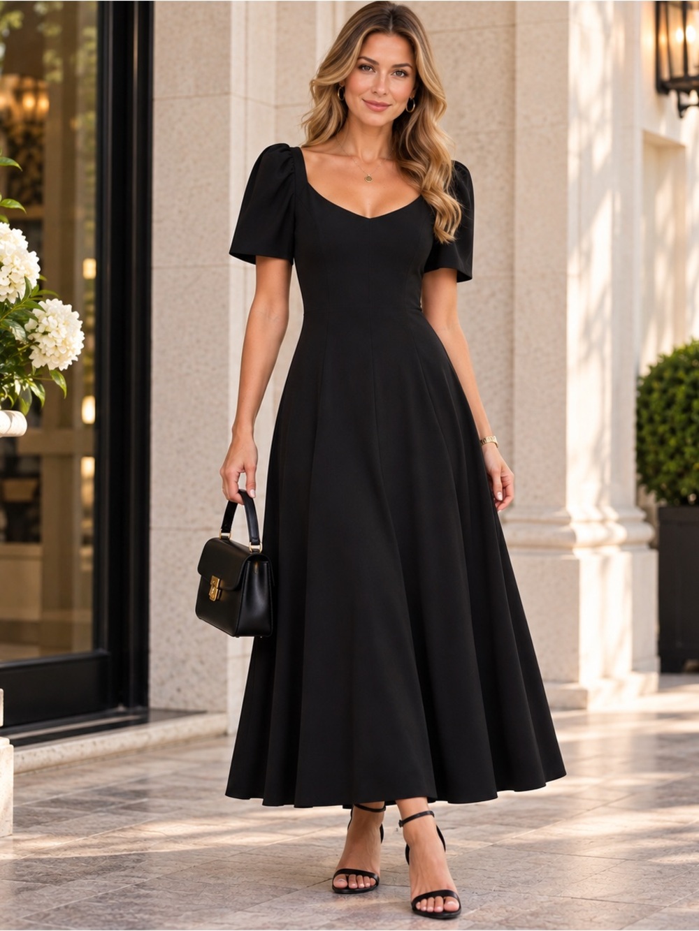 Anne Klein Collection Black Maxi Dress Puff Sleeve A-Line USA Size 6